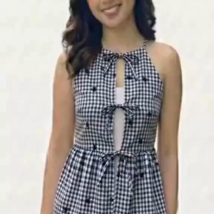PLAID RUFFLE HEM TIE BACK CRUMPLED LINEN