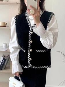 หลวม ถัก คอวี เสื้อกั๊ก ผู้หญิง แขนกุด แจ๊กเก็ต ฤดูใบไม้ร่วง ฤดูหนาว ใหม่สไตล์น้ําหอมขนาดเล็ก ขนสัตว์เทียม เสื้อแจ็คเก็ต Layering Top