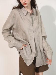 Miccbeirn | Pure Flax Long Sleeve Embroidered Shirt Simple Commute Top Loose Casual Shirt Bright Sequin Decorated Artistic Loose Fit Womens Shirt