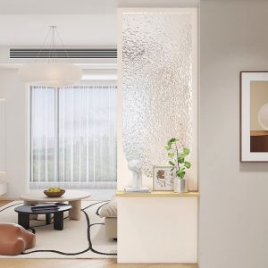 Modern French Cream Mousse Style Living Room Entrance Doorway Glass Screen Partition Wooden Half-Wall Water Ripple Pattern