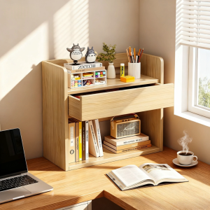 Desktop Bookcase with Drawer Wooden Bookshelf Office Study Desk Storage Rack Document Organizer