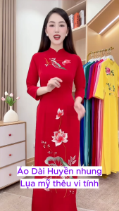 Áo Dài Truyền Thống Nữ Lụa Mỹ Cao Cấp Thêu Hoa Vi Tính Tôn Dáng Nhiều Màu