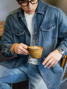 Heavyweight Denim Striped Shirt American Retro Cleanfit Jacket Mens Workwear Casual Long Sleeve Sharp Collar Youth Trend