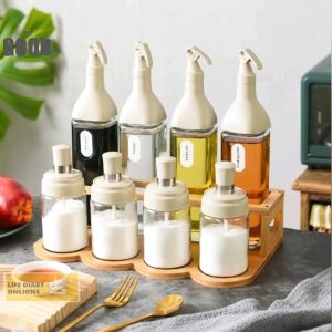 Fashion Kitchen Condiment Set Oil Bottle Seasoning Bottle Set Salt Sauce Oil Dispensers Glass Jar with Wooden Rack Bamboo Shelf and Label