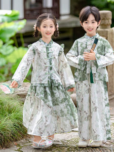 MPW | Girls Hanfu Childrens Fashionable Traditional Chinese Style Two-Piece Set Autumn Wear Age 2-14 Plus Green Floral Design