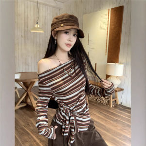 Vintage Striped Long Sleeve T-Shirt Womens Autumn Waist Cinching Slimming Shoulder Bared Top Elegant Commute Style Fashion