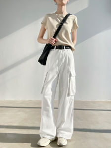 White High Waist Workwear Denim Pants Women Spring Autumn New Slimming American High Street Multi Pocket Straight Leg Wide Leg Pants
