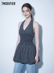 7.Modifier | Áo Vest Dập Ly Phối Nơ Cổ Halter Caro Dài Trung Bình