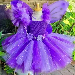 Girls Purple Fairy Dress Kids Flower Glitter Tutu Dresses with Wing and Stick Hairbow Children Birthday Christmas Party Costumes