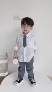 BE244 Set áo sơ mi quần dài BERNIE bộ quần áo bé trai sọc đỏ phong cách Hàn Quốc