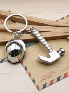 Mini Solid Metal Hammer Model Keychain Creative Safety Hat Pendant Sheep Horn Hammer Keyring Simple Style Engraving Craft