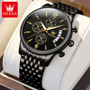 OLEVS Jam Tangan Pria Anti Air Terbaru Dewasa 2024 Original Asli Multifungsi Calendar Quartz Stainless Steel Sport Pria Hitam