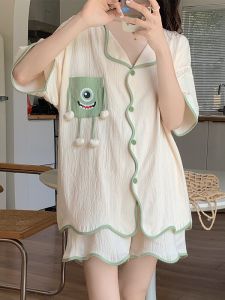Womens Pajamas Summer Pure Cotton Japanese Style Cute Cartoon Teenage Girl Internet Celebrity Cardigan Short Sleeve Shorts Homewear Two-piece Set