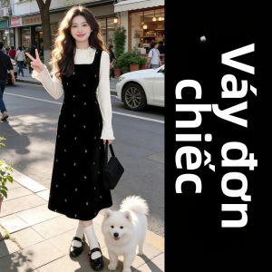 NIUVIES | Đầm Dài Kiểu Dây Đai Đen Cho Mùa Thu Phong Cách Hàn Quốc Mới