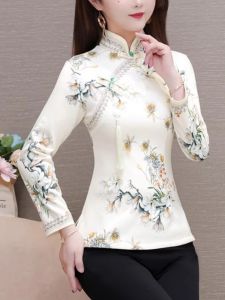 Revised Cheongsam Top Floral Print Retro Chinese Style Outerwear for Women Short Sleeve Long Sleeve Daily Wear Spring Autumn