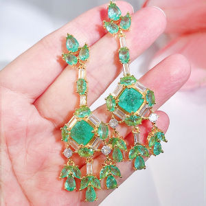 SEQUITO Excellent Women Jewelry Yellow Gold Color Pave Setting Green AAAAA Cubic Zirconia High Quality Chandelier Shape Long Drop Earrings SE885