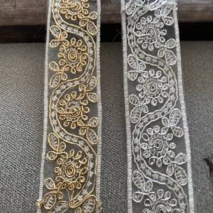 2m/6.56ft Each Pack Gold & Silver Embroidered Lace Trim Sheer Organza Ribbon for Wedding Dresses Crafts Apparel Embellishments
