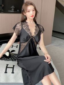 ชุดนอนเซ็กซี่ผ้าไหมน้ำแข็งบางฤดูร้อนสำหรับผู้หญิง ชุดนอนผ้าลูกไม้กันกระแทก ชุดอยู่บ้านฤดูใบไม้ผลิและฤดูใบไม้ร่วง ชุดนอนผ้าไหมน้ำแข็ง