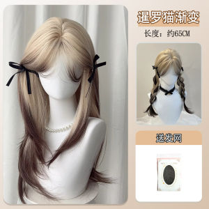 Siamese Cat Gradient Hair Wig Womens Full Head Fake Hair Long Straight Simulation Halfway Parting Bangs Facial Feature Enhancing