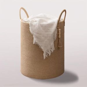 Large Storage Basket Tall Woven Decorative Laundry Hamper With Handles Foldable Cotton Rope for Clothes Kids Toys Living Room