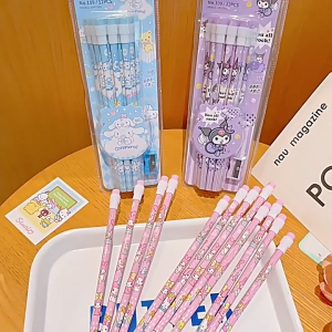 LVYIMAO Sanrio Pencil Set 12 (เครื่องคมดินสอ 12+1) HB Pencil ดินสอน่ารัก Kuromi ชุดดินสอการ์ตูนนักเรียน เครื่องเขียนเด็ก