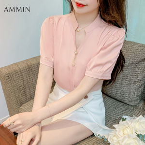 AMMIN summer new womens V-neck short-sleeved chiffon satin solid blouse Korean style fashion temperament loose and versatile bubble sleeve Tops