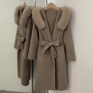 Elegant Woolen Coat Mid Length Womens Woolen Coat Real Fox Fur Collar Wool Autumn Winter New Hooded Double Faced Coat Women