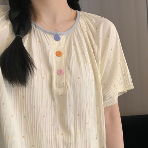 Pure Cotton Summer Sleepwear Short Sleeve round Neck Home Clothes Set for Women with Print Design Three-Piece Includes Shorts