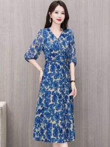 ชุดเดรสยาวผ้าชีฟองลายดอกไม้ฤดูร้อน กระโปรงทรงเอเอวสูง แขนยาว คอวี สำหรับผู้หญิง ชุดทำงานสไตล์ยุโรปและอเมริกัน