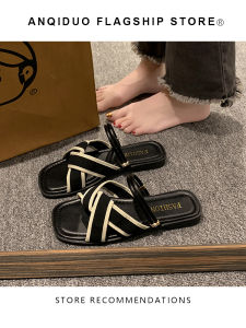 รองเท้าแตะส้นแบนสไตล์นางฟ้าฝรั่งเศสสำหรับผู้หญิงในช่วงฤดูร้อนสำหรับใส่กลางแจ้งพร้อมกระโปรง รองเท้าแตะแบบสวมสองทางสไตล์โรมัน รองเท้าแตะแบบสวมสบายๆ สำหรับใส่ไปเที่ยว