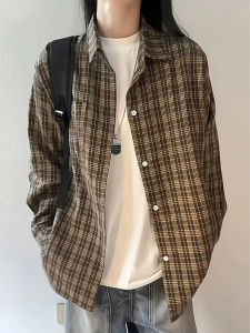 เสื้อเชิ้ตแขนยาวทรงหลวมสไตล์ย้อนยุคสไตล์อเมริกันสำหรับผู้ชาย ฤดูใบไม้ร่วง สีบริสุทธิ์ ลายสก็อต แจ็คเก็ตแบบสวมหัว