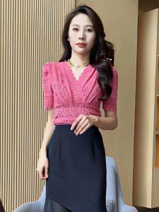 Floral Lace Panel Elastic T Shirt Women Lace Sleeve Vest Cheaper Blouse Fashion Ladies Blouses Tops Black White Pink Female Tee
