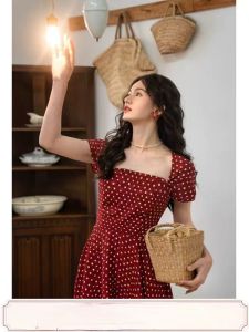 French Vintage Polka Dot Dress High Waist Slimming Hepburn Style A-Line Skirt Square Collar White Enhancing Full Skirt