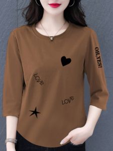 ผู้หญิง ผ้าฝ้าย เสื้อยืด ฤดูร้อน หลวม แขนสามส่วน ทันสมัย คลุมเนื้อ มีสไตล์ Match Upper Body Shirt ลำลอง Wear