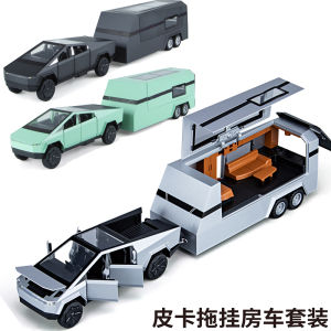 Tesla Pickup Camper Set Alloy Metal Camping Car Simulation Toy Pullback Sound Light Truck Model Collectible Vehicle Model