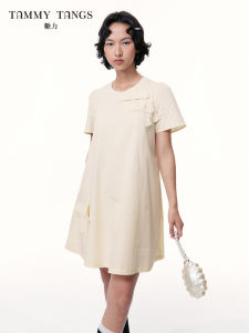 TAMMY TANGS | Mall-style Light Yellow Short Sleeve 3D Floral A-Line Dress