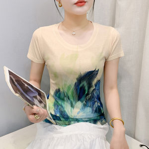 Yimei 2025 Mùa Hè Quần Áo thời trang mới Định Vị in hình thú Áo Thun Tay Ngắn Lớn Áo Thun Cơ Bản ôm vừa Khí Hàng Đầu Cho Phụ Nữ