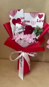 Sanrio | Hello Kitty With Artificial Roses Flowers Creative Handmade Bouquet New Year Birthday Valentine Christmas Graduation Gift