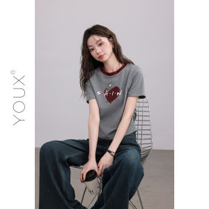 YOUXIANG | Áo Thun Nữ In Hình Trái Tim Cổ Tròn Tay Ngắn