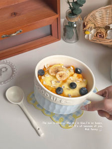 Personal Ceramic Bowl with Handle for Oven Air Fryer Microwave Rice Cooker Steamed Bowl Korean Style round Shape Kitchen Utensils