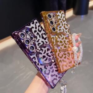 Luxury Pearl Bracelet Plating Leopard Print Magnetic Phone Case For Samsung S26 Plus S24 S25 Ultra Gradient Glitter Clear Cover