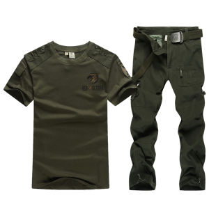 Summer Outdoor Casual Military Fan Mens Loose round Neck Short Sleeve T-Shirt Set Tactical Two-Piece Workwear Cotton Camouflage