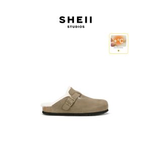 SHÉII | Guốc Nữ Lót Chân Retro Đế Cao Bằng Len Thật Mũi Kín
