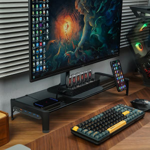 Bimoz Tempered Glass Computer Monitor Stand 21CM Wide Mobile Phone Wireless Charging Desktop Storage Multi-Function USB Extension Hub Base Office Installation without Tools