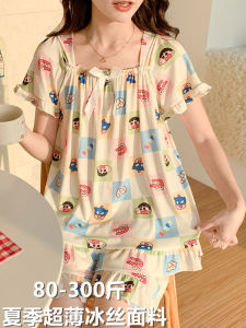 ชุดนอนผ้าไหมน้ำแข็งแขนสั้นลายการ์ตูนฤดูร้อนสำหรับผู้หญิงไซส์ใหญ่ ชุดนอนผ้าฝ้ายลายการ์ตูนสำหรับใส่อยู่บ้าน