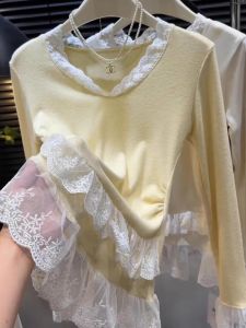 Áo Sơ Mi Nữ Dáng Ôm Cổ Chữ V Dài Tay Ren Xếp Nếp Kiểu Pháp Mùa Xuân Đầu Tiên Mặc Trong Lớp Lót