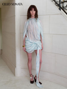 Cello Sonata | Wave Pattern Cape Style Mini Dress