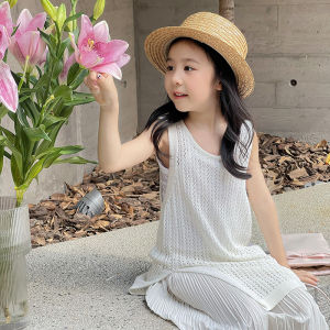 Girls Knitted Hollow out Vest Dress Korean Style Spring Summer Autumn Seasonal Fashion Split Design Childrens Clothing
