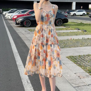 2024 Summer New Womens Ice Silk Knit Open-Front Flower Print Slim Fit Long Sleeve Dress Garfield Mona Pullover