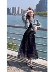 American Retro Gold Buckle Short เดนิม เสื้อแจ็คเก็ต มีคลื่น ตาข่าย สูง เอว พรางหุ่น กระโปรง ครึ่งความยาว กระโปรงชั้น สําหรับผู้หญิง